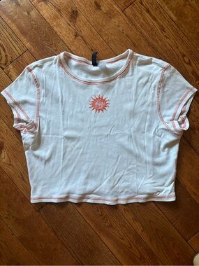 H&M White Crop Top with Pink Trim and Sun Motif